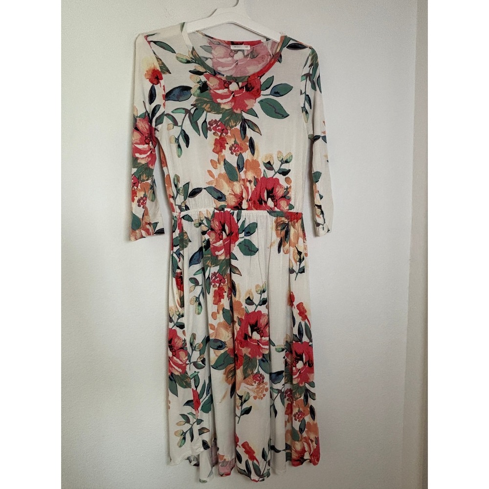 Reb & J Floral Midi Dress Cream Red Orange 3/4 Sleeve Elastic Waist Size 220